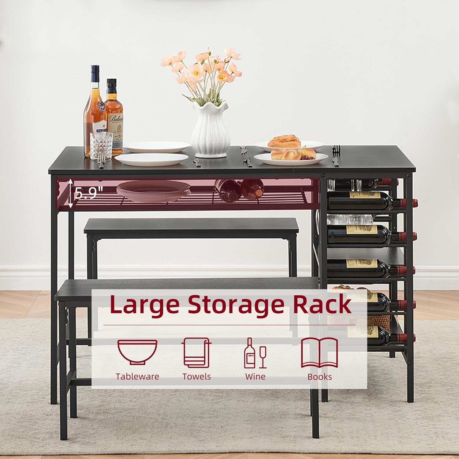 Ensemble de salle à manger Garvee pour 4 personnes avec casier à vin, espace de rangement, métal et bois, gain de place, robuste, idéal pour les petites pièces