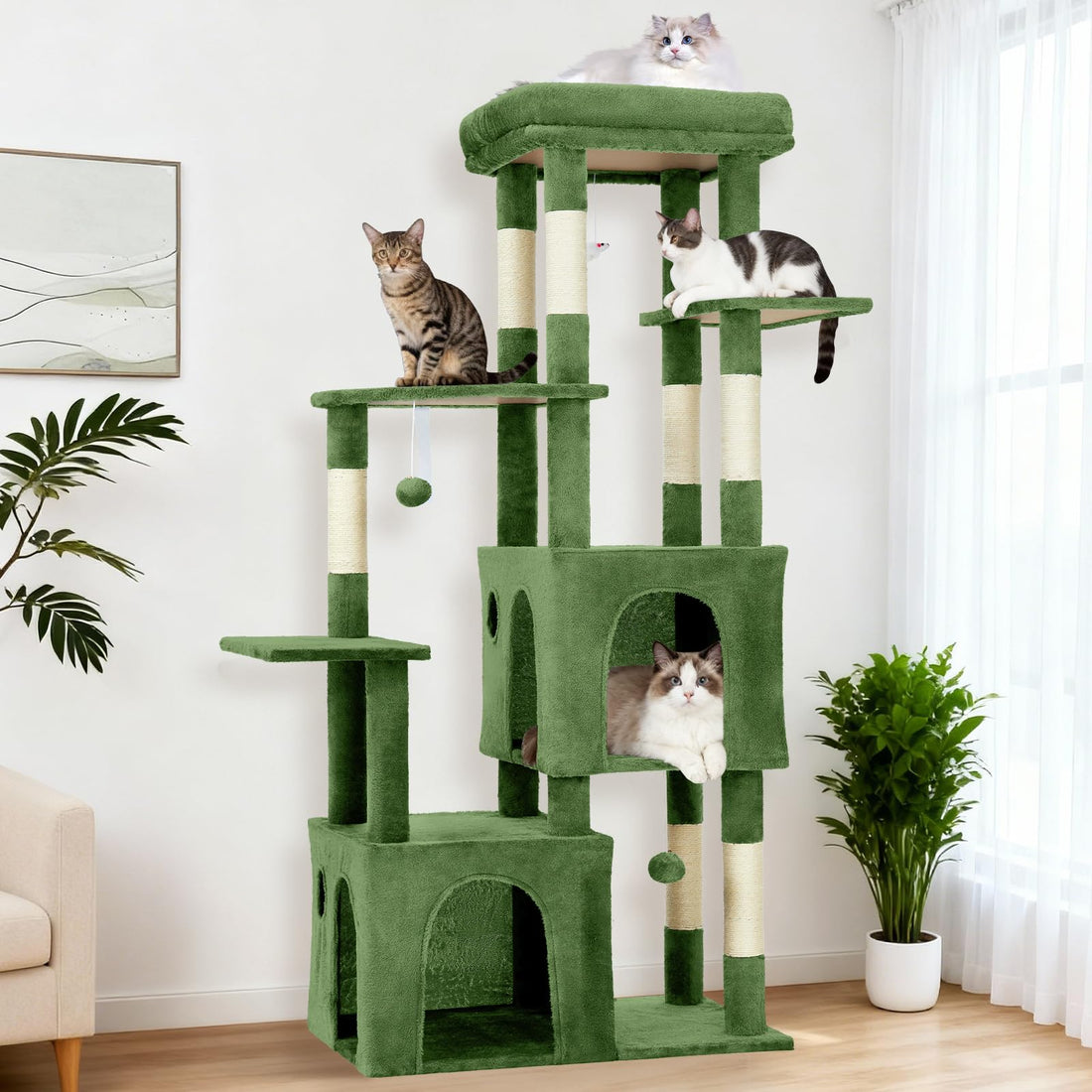 Garvee Tour pour Chat 155 cm Multi-Niveaux pour Grands Chats, Grande Plateforme, Usage Intérieur, Vert