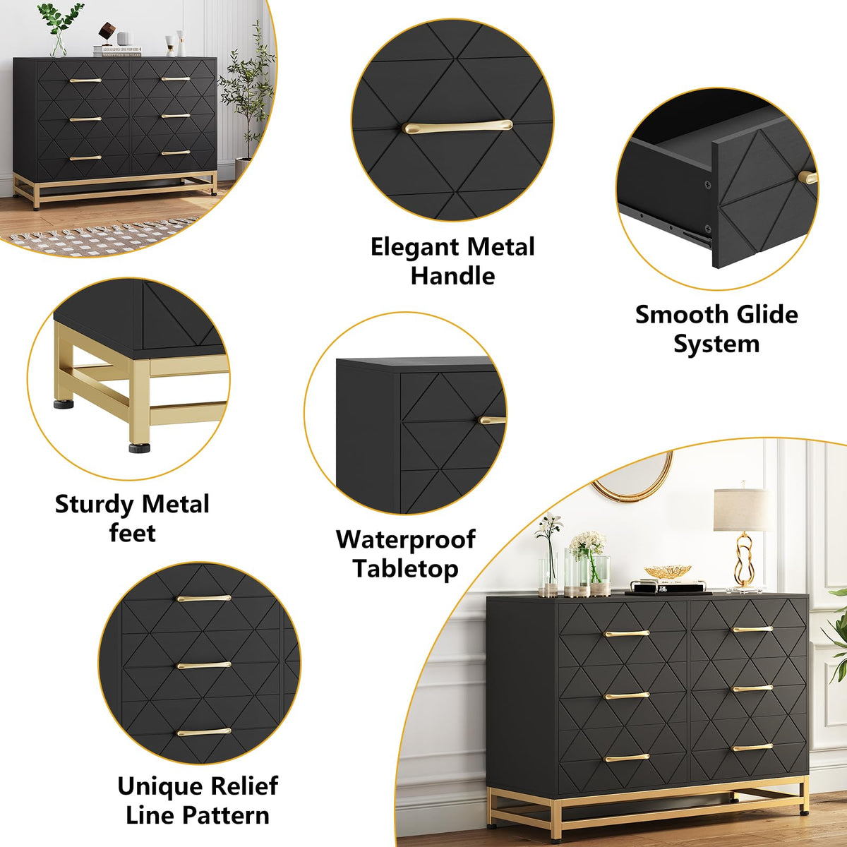 Garvee commode à 6 tiroirs, vert, style moderne avec pieds en métal, pour la chambre ou salon, 100 × 48 × 73 cm