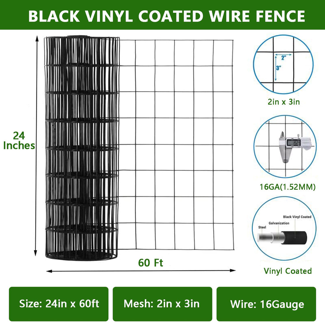 Grillage métallique noir Garvee 2x3 pouces 24x60 pi, fil de soudure calibre 16, revêtement PVC, antirouille, enclos pour jardin et animaux, avec gants et pince