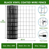 Grillage métallique noir Garvee 2x3 pouces 24x60 pi, fil de soudure calibre 16, revêtement PVC, antirouille, enclos pour jardin et animaux, avec gants et pince