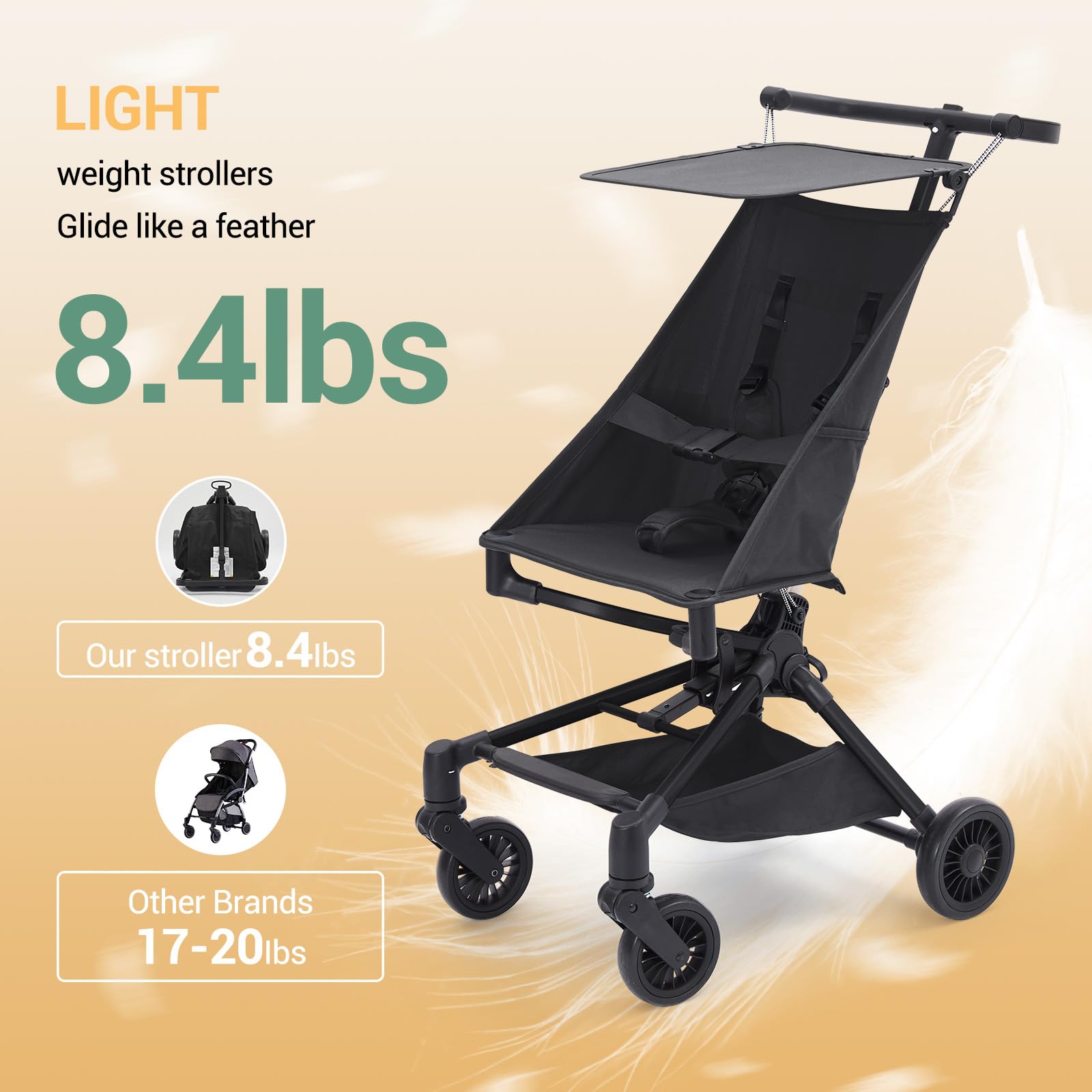 Poussette de voyage Garvee Baby – Légère, châssis en fibre de carbone, protection UV, pliable, 3,8 kg, idéale pour la ville et les voyages