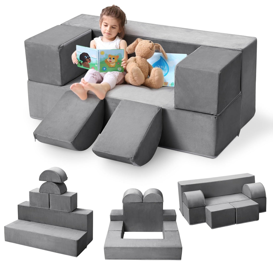 Canapé de jeu Garvee pour enfants, 6 pièces, modulaire, en mousse haute densité, housse amovible en microfibre, gris foncé, pour salle de jeux et chambre, 100 cm (L) x 50 cm (P) x 40 cm (H)