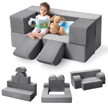 Canapé de jeu Garvee pour enfants, 6 pièces, modulaire, en mousse haute densité, housse amovible en microfibre, gris foncé, pour salle de jeux et chambre, 100 cm (L) x 50 cm (P) x 40 cm (H)