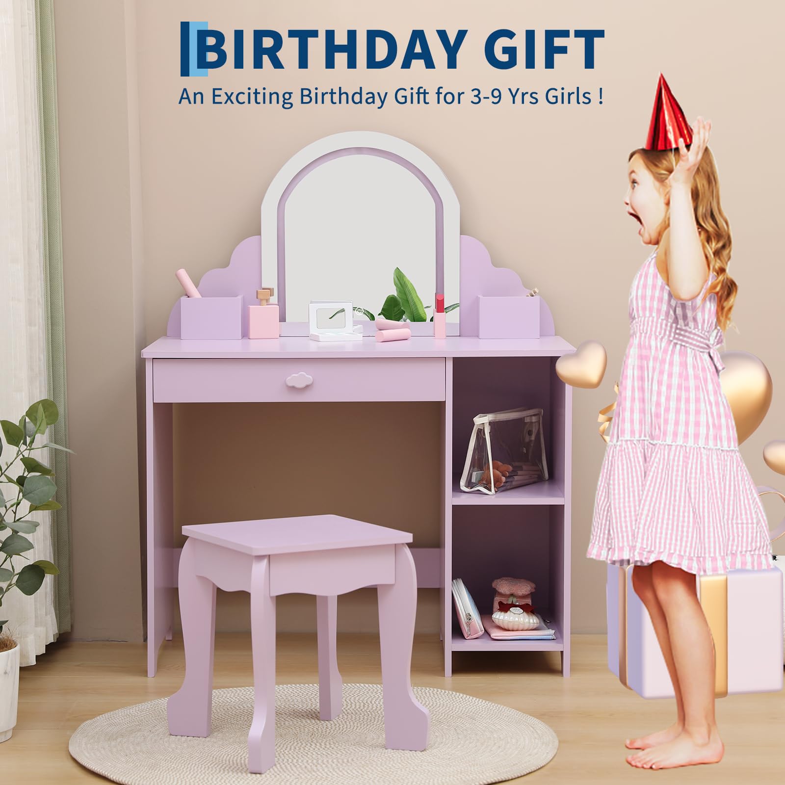 Garvee Coiffeuse Enfant avec Miroir LED, Table et Tabouret 2 en 1, Lumière Réglable, MDF Sûr, Grand Rangement, 100 cm, Lilas