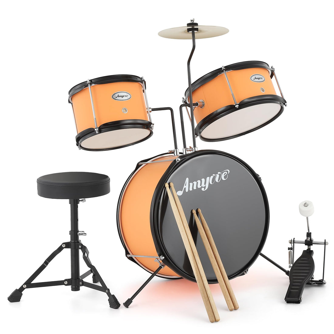 Garvee Batterie 3 pièces pour enfants avec cymbales et pédale de grosse caisse, pour garçons et filles, hauteur 74 cm, jaune