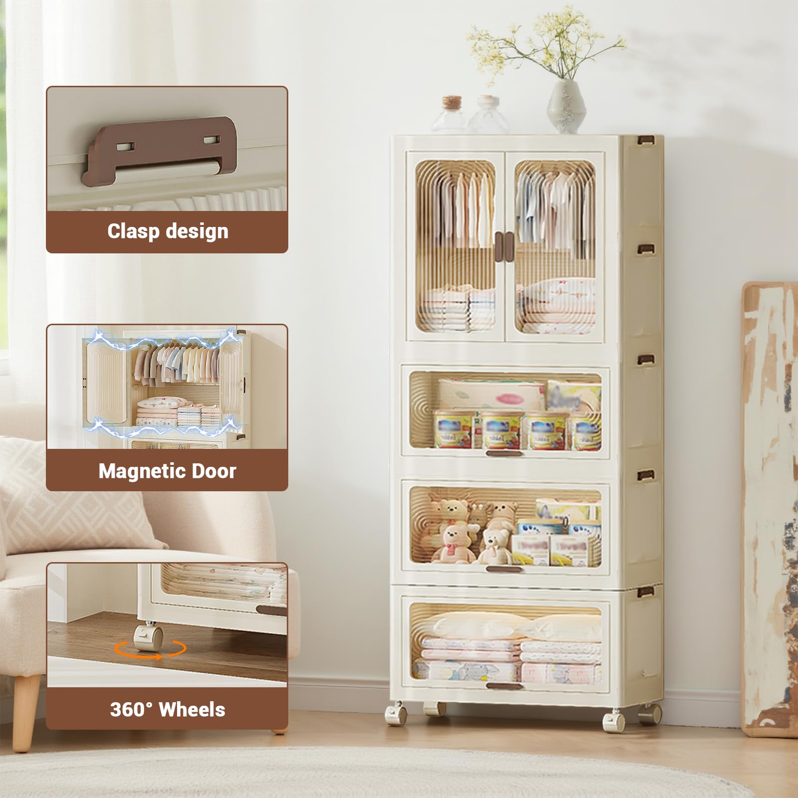 Armoire portable Garvee à 4 niveaux pour enfants avec portes, tringle à vêtements en plastique et 10 cintres pour chambre et salle de jeux