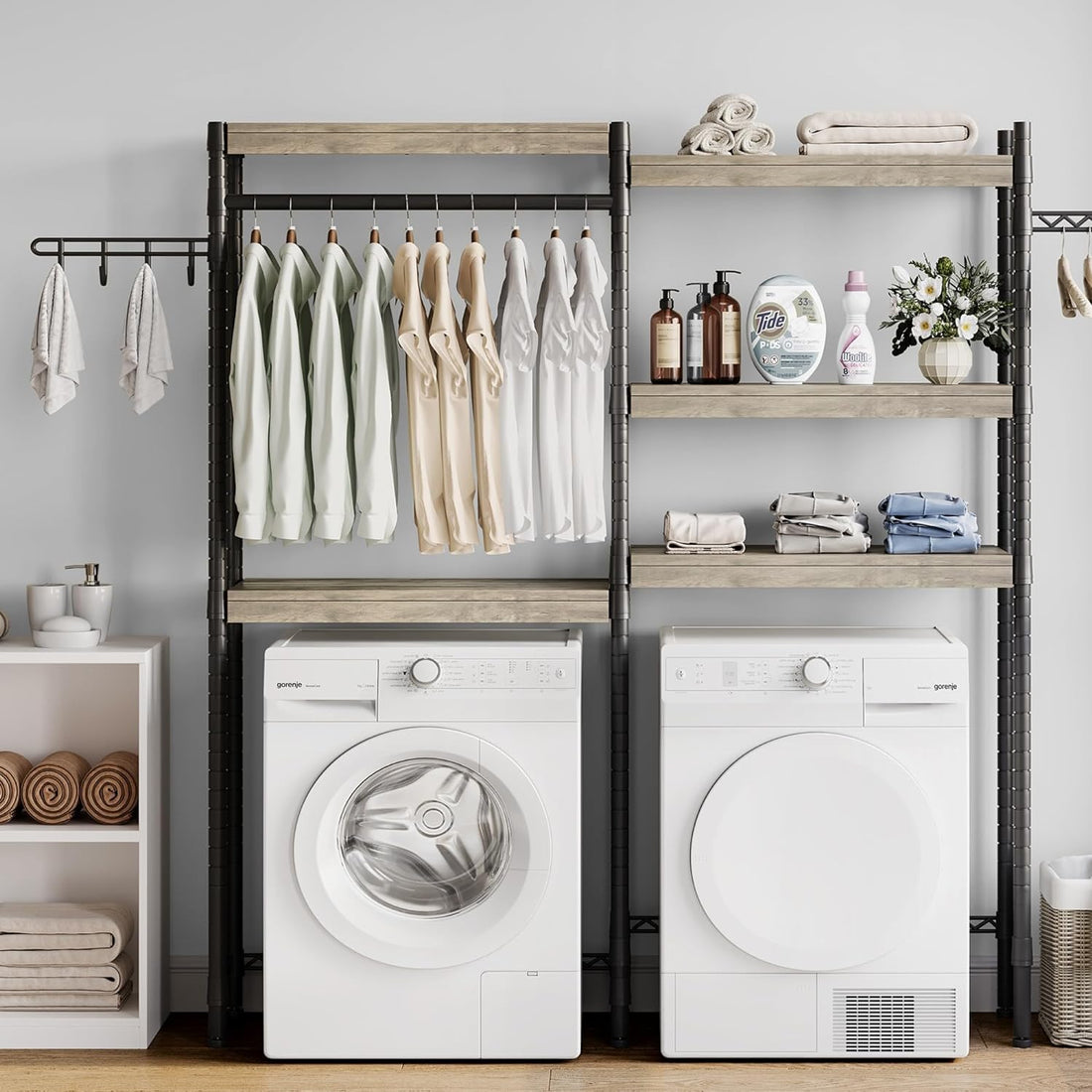 Étagère à lave-linge Garvee 30 pouces à 5 niveaux avec double couche, étagères en bois pour salle de bain et balcon, réglable, gris/noir