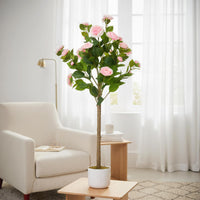 Camélia artificiel Garvee de 1,10 m avec 20 fleurs roses, pot blanc, pour bureau et maison