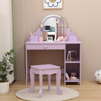 Garvee Coiffeuse Enfant avec Miroir LED, Table et Tabouret 2 en 1, Lumière Réglable, MDF Sûr, Grand Rangement, 100 cm, Lilas