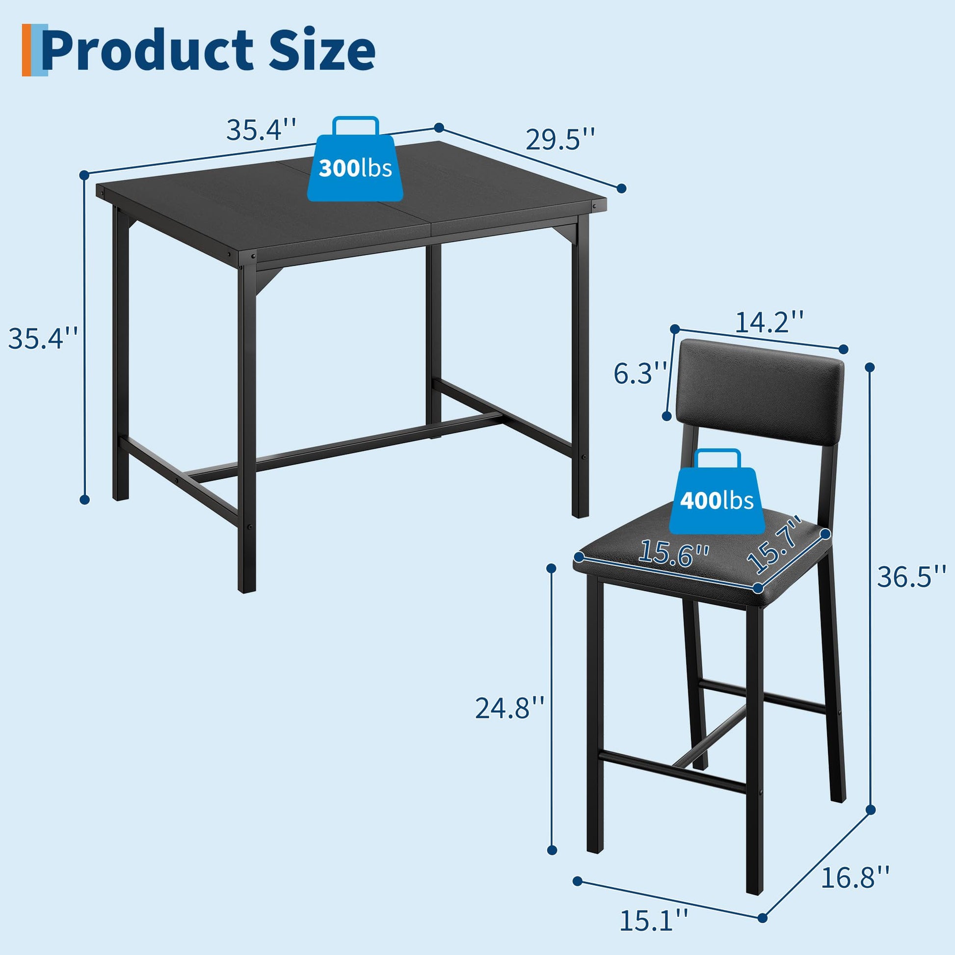 Ensemble table et chaises Garvee pour 4 personnes avec repose-pieds et protections d'angle, hauteur comptoir, tabourets de bar rembourrés, structure en métal, plateau en bois, compact, pour cuisine et appartement, multicolore