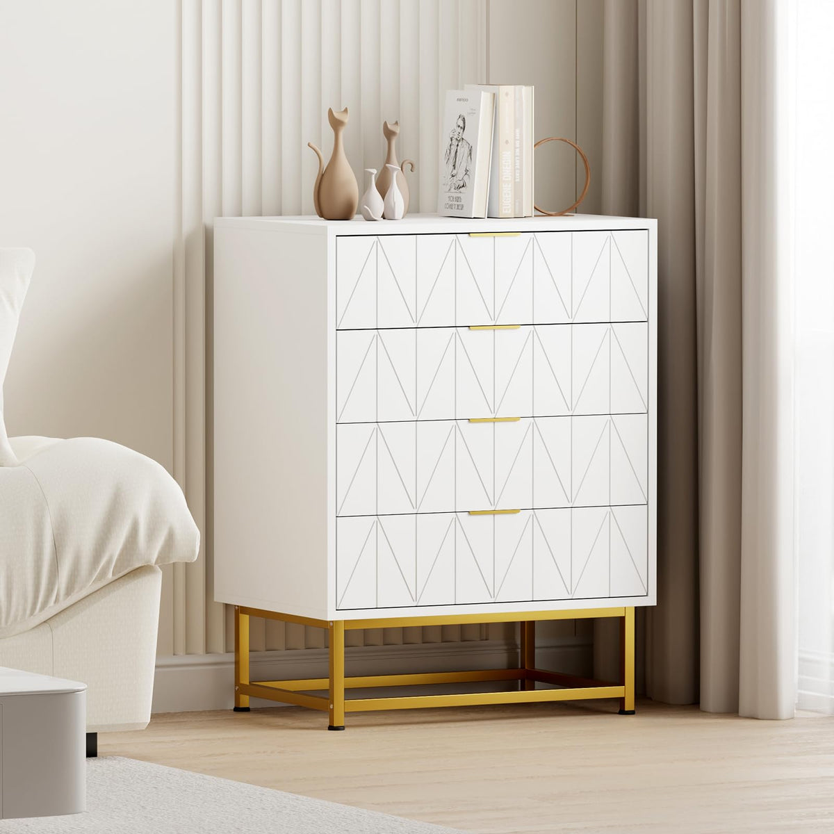 Garvee commode à 4 tiroirs avec grand espace de rangement, en MDF, pieds en métal doré, idéale pour la chambre et l'entrée, robuste et résistante aux rayures
