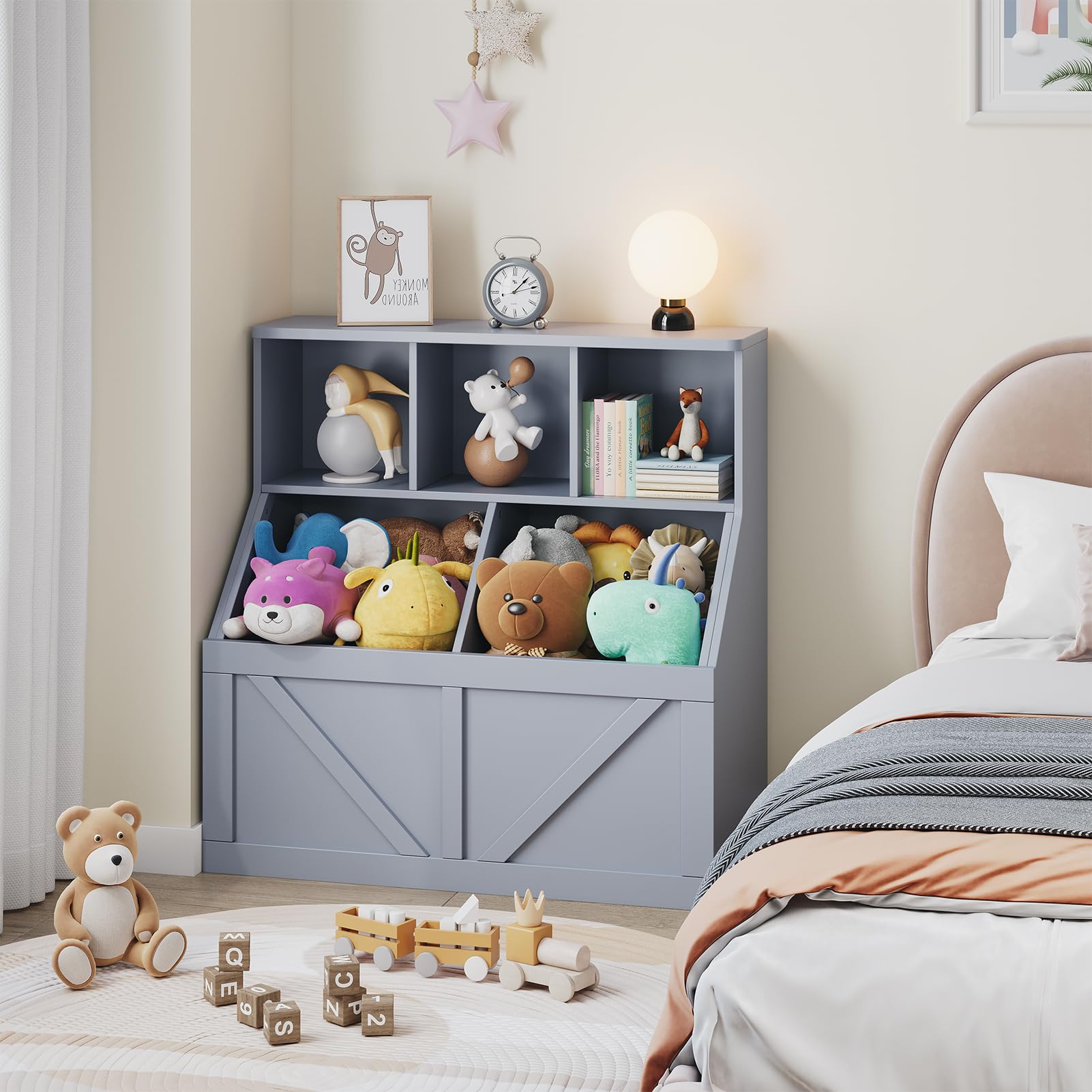 Étagère et rangement pour jouets Garvee pour enfants, avec 3 étagères ouvertes et 2 grands compartiments, gris, pour chambre d'enfant et salle de jeux, robuste et sécuritaire, en MDF, 90 x 42 x 92 cm