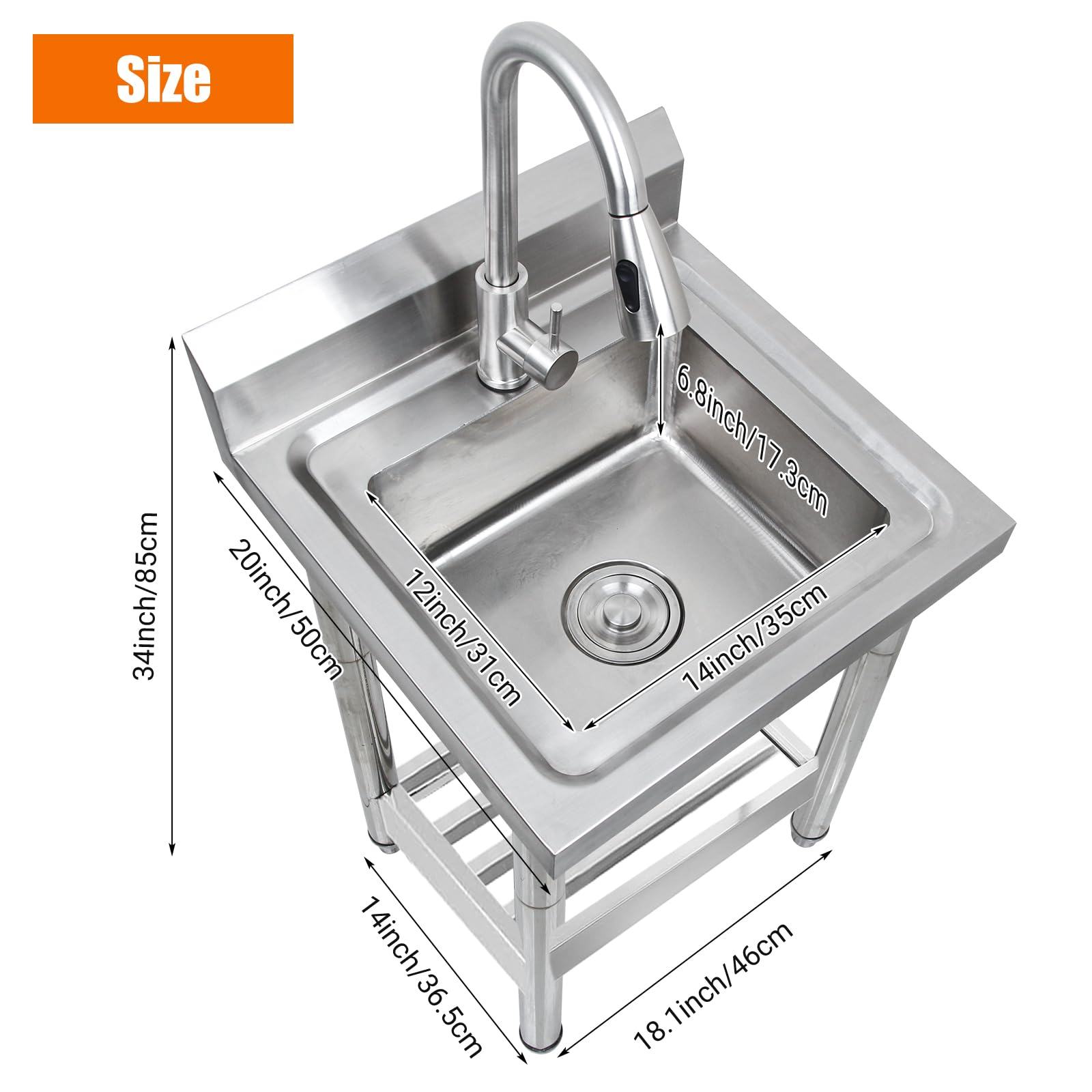 Évier utilitaire Garvee en acier inoxydable 304 avec mitigeur thermostatique, pose libre, pour cuisine et extérieur, 20 x 20 x 34 cm, couleur argent.
