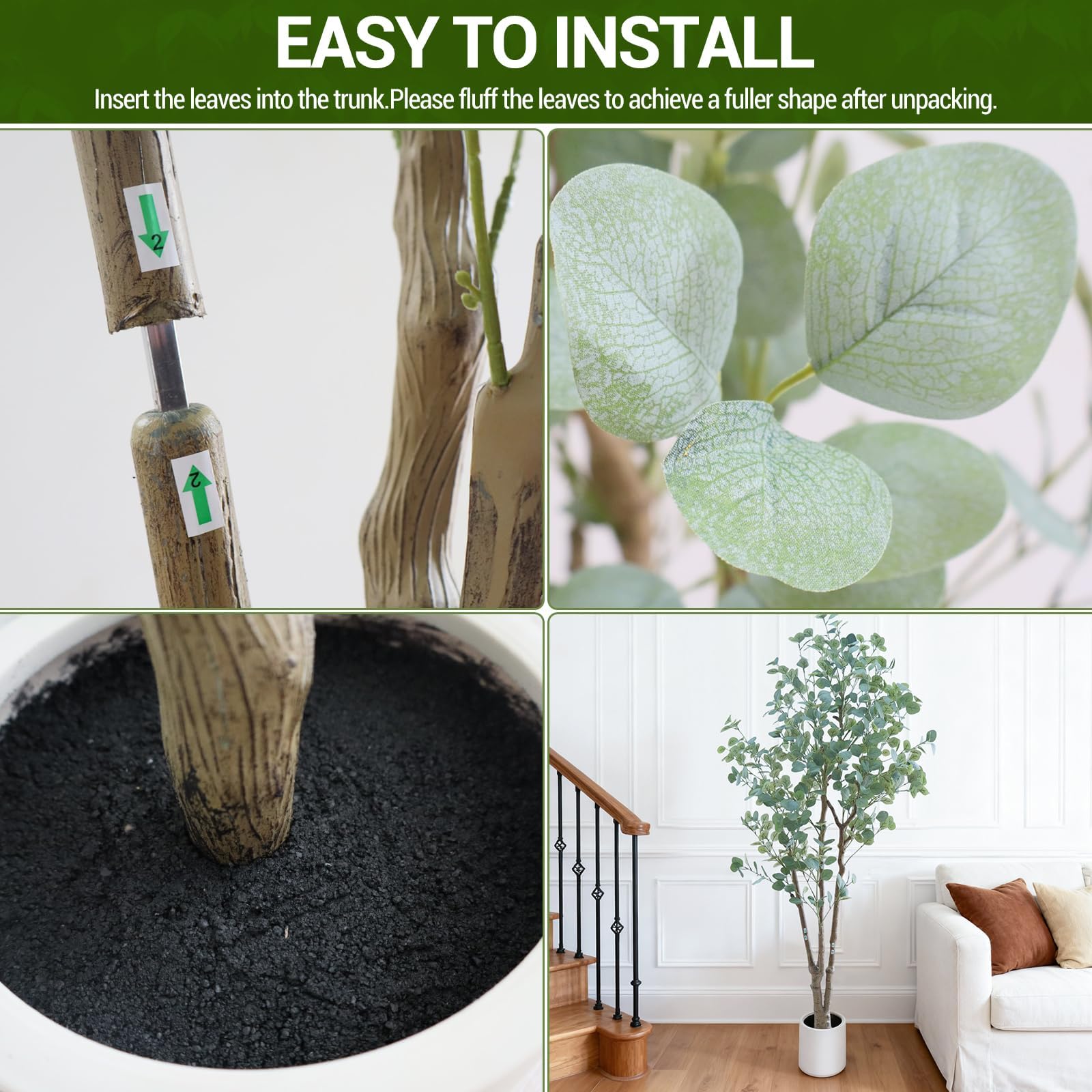 Eucalyptus artificiel Garvee 180 cm, en polyéthylène résistant aux intempéries, pour une utilisation intérieure et extérieure, blanc.