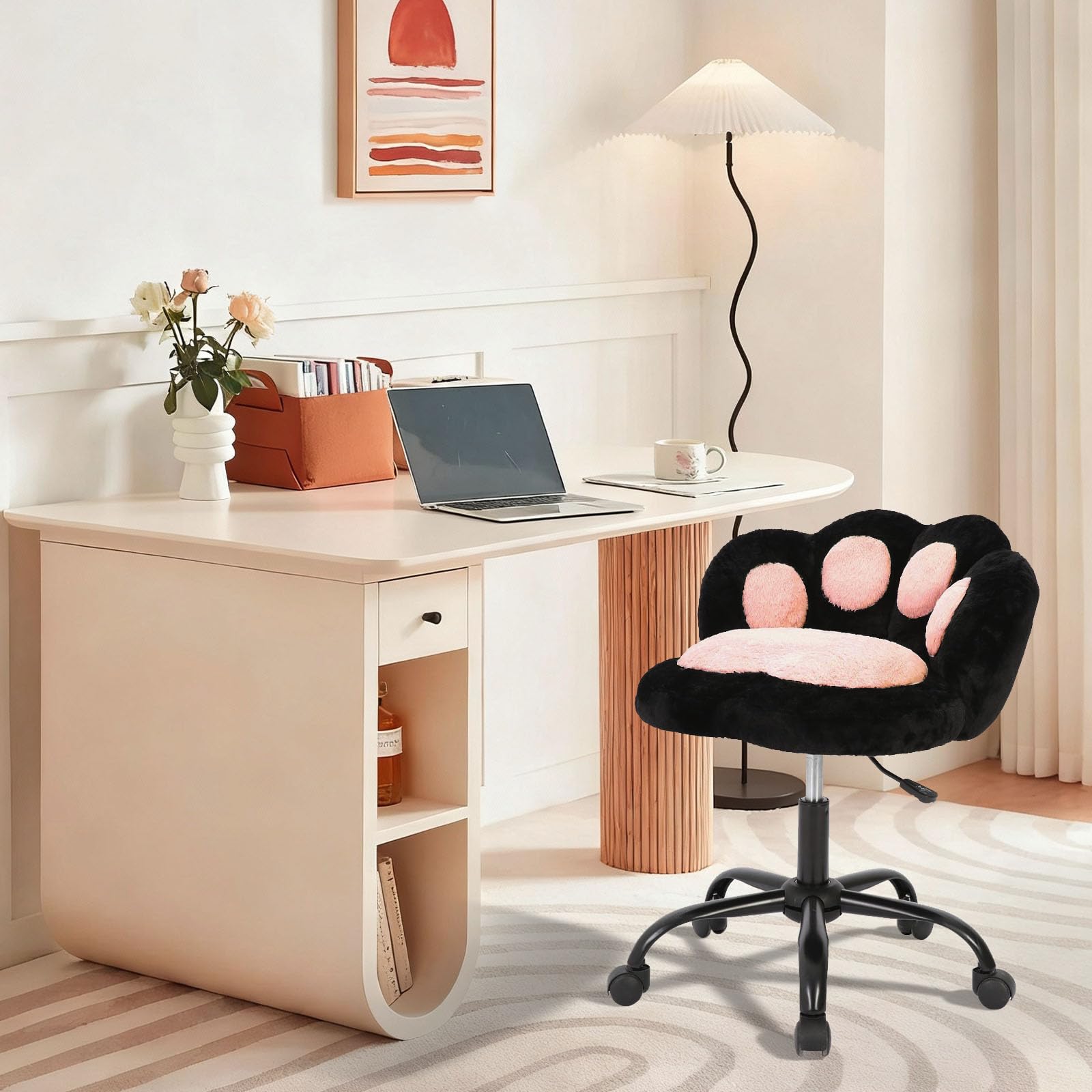 Chaise de coiffeuse Garvee à roulettes, pivotante à 360°, réglable en hauteur, en polaire douce, motif patte de chat, idéale pour la chambre et le bureau, renforcée en nylon, confortable