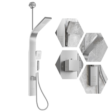 Colonne de douche Garvee avec jets pluie et cascade, 2 jets de massage, douchette 3 fonctions, acier inoxydable, nickel brossé, fixation murale, salle de bain moderne