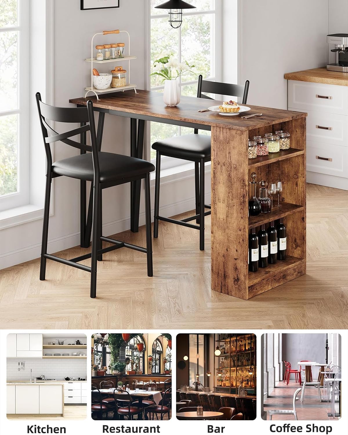 Ensemble table et chaises de bar Garvee 3 pièces, pliable, avec espace de rangement, en acier et bois, coussins ergonomiques, marron, idéal pour les petites cuisines.