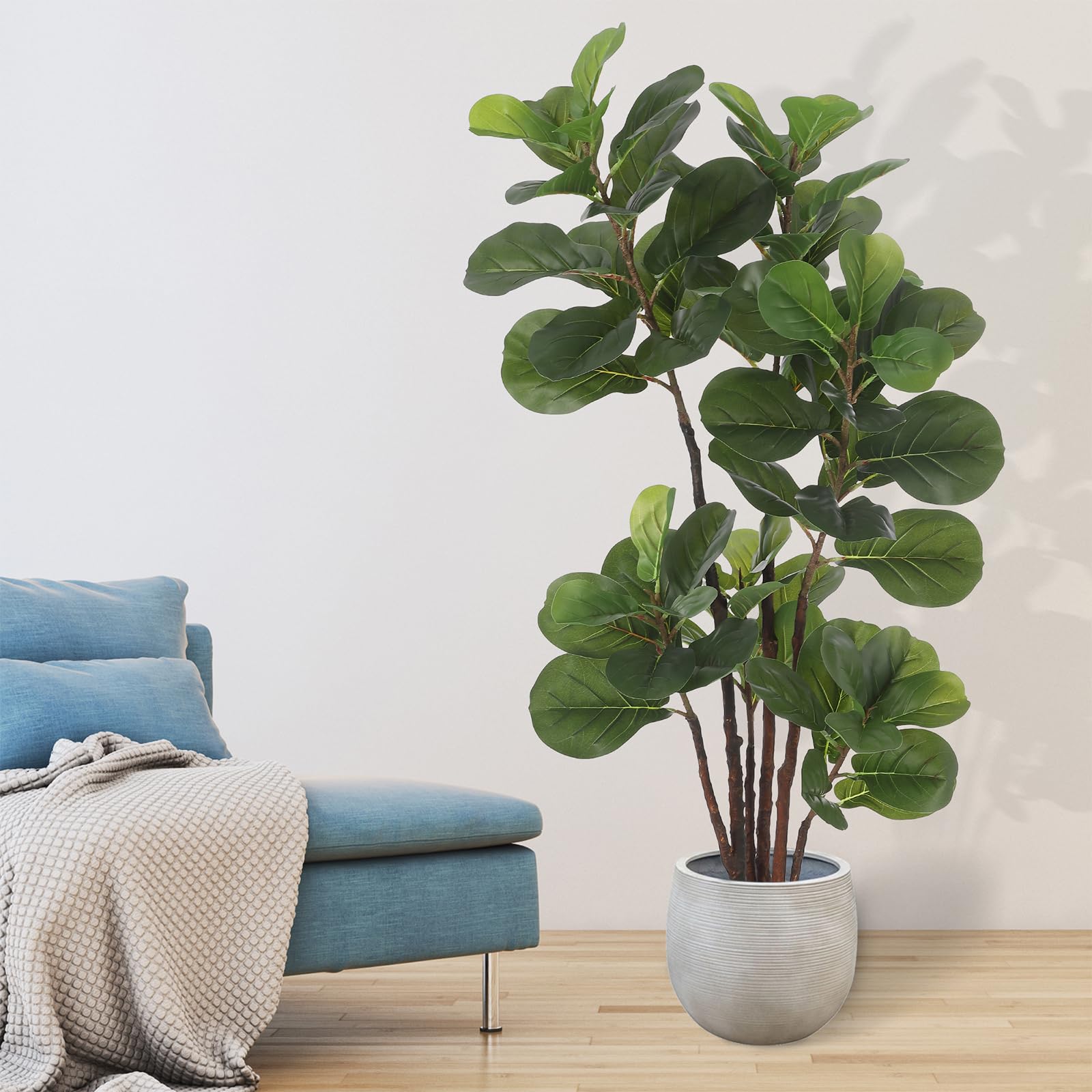 Figuier lyre artificiel Garvee de 1,5 m (4,9 pi) avec 102 feuilles, vert, résistant aux intempéries, idéal pour la décoration de la maison et du bureau.