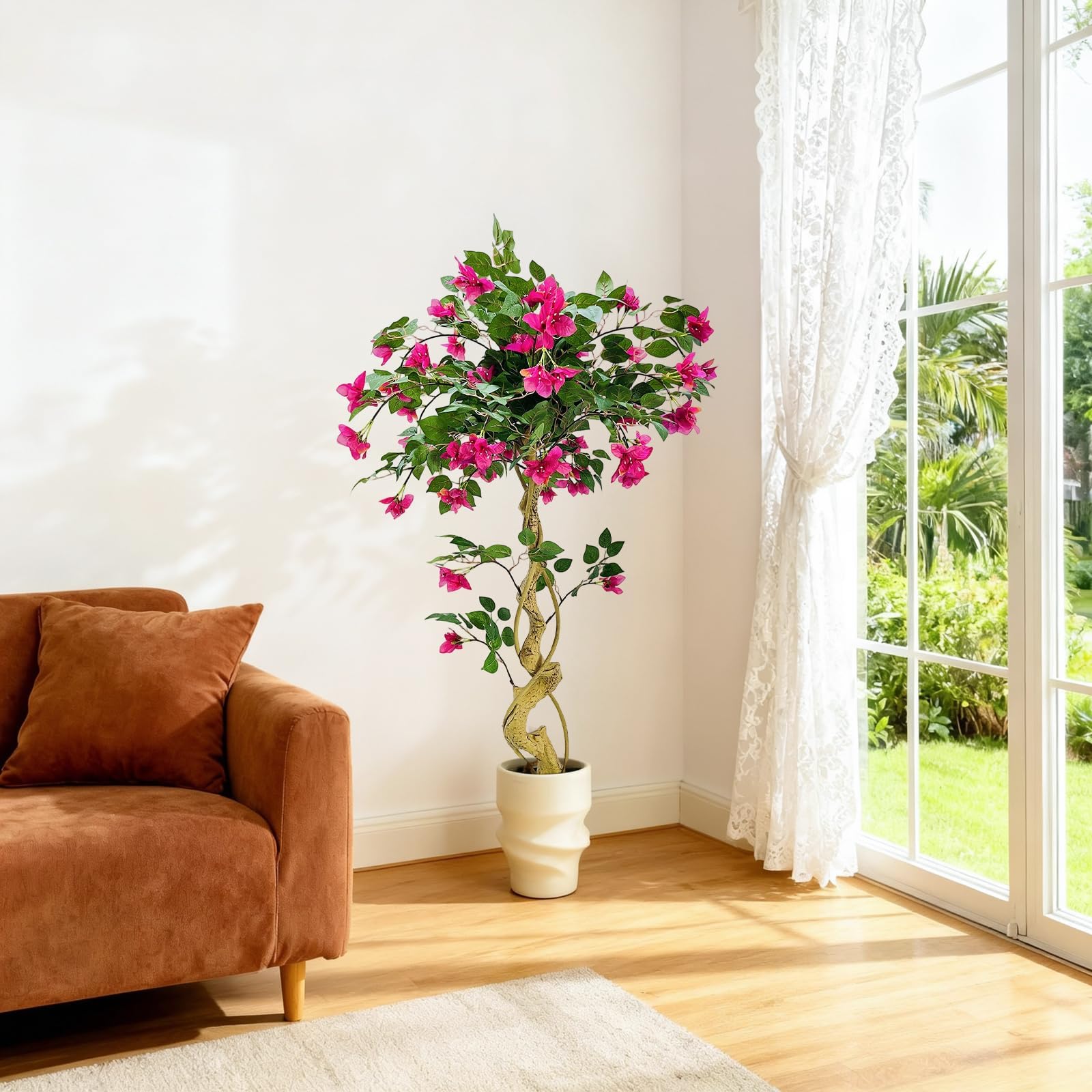 Bougainvillier artificiel Garvee de 1,20 m avec fleurs roses, pour l'intérieur et l'extérieur, léger, polyvalent, en soie