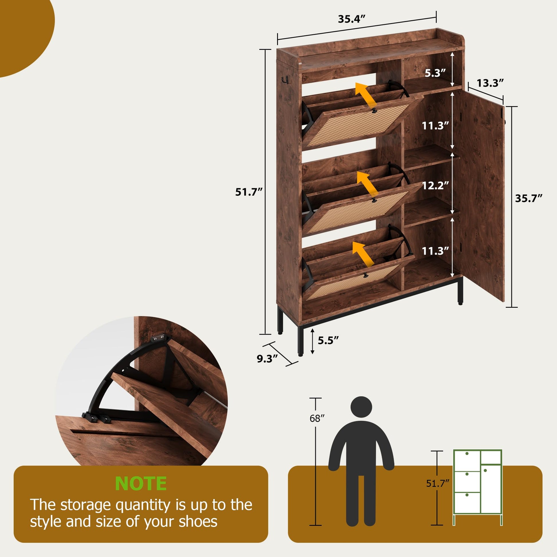 Meuble à chaussures Garvee en rotin avec 3 tiroirs pliants, étagères réglables pour entrée et couloir, pieds en métal et MDF