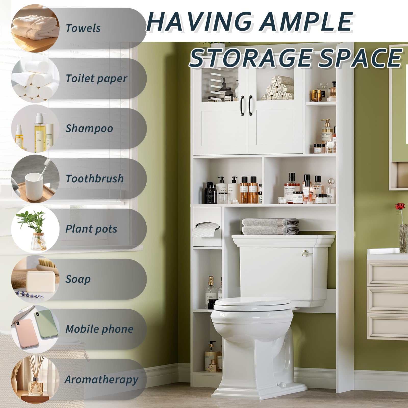 Armoire de rangement Garvee à suspendre au-dessus des toilettes, avec étagères réglables et porte vitrée, pour salle de bain et buanderie, marron