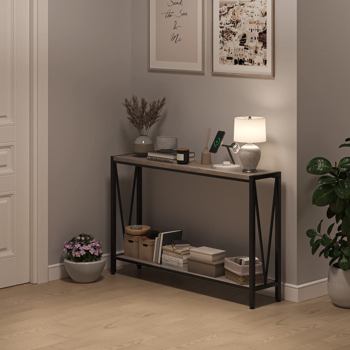 Garvee Console d’entrée industrielle 2 niveaux, table étroite 109 cm avec rangement, design en V, idéale pour entrée, salon et couloir, gris.