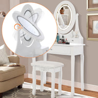 Coiffeuse Garvee avec miroir ovale et éclairage LED, 5 tiroirs, bois, pivotante à 360°, blanche, chambre moderne