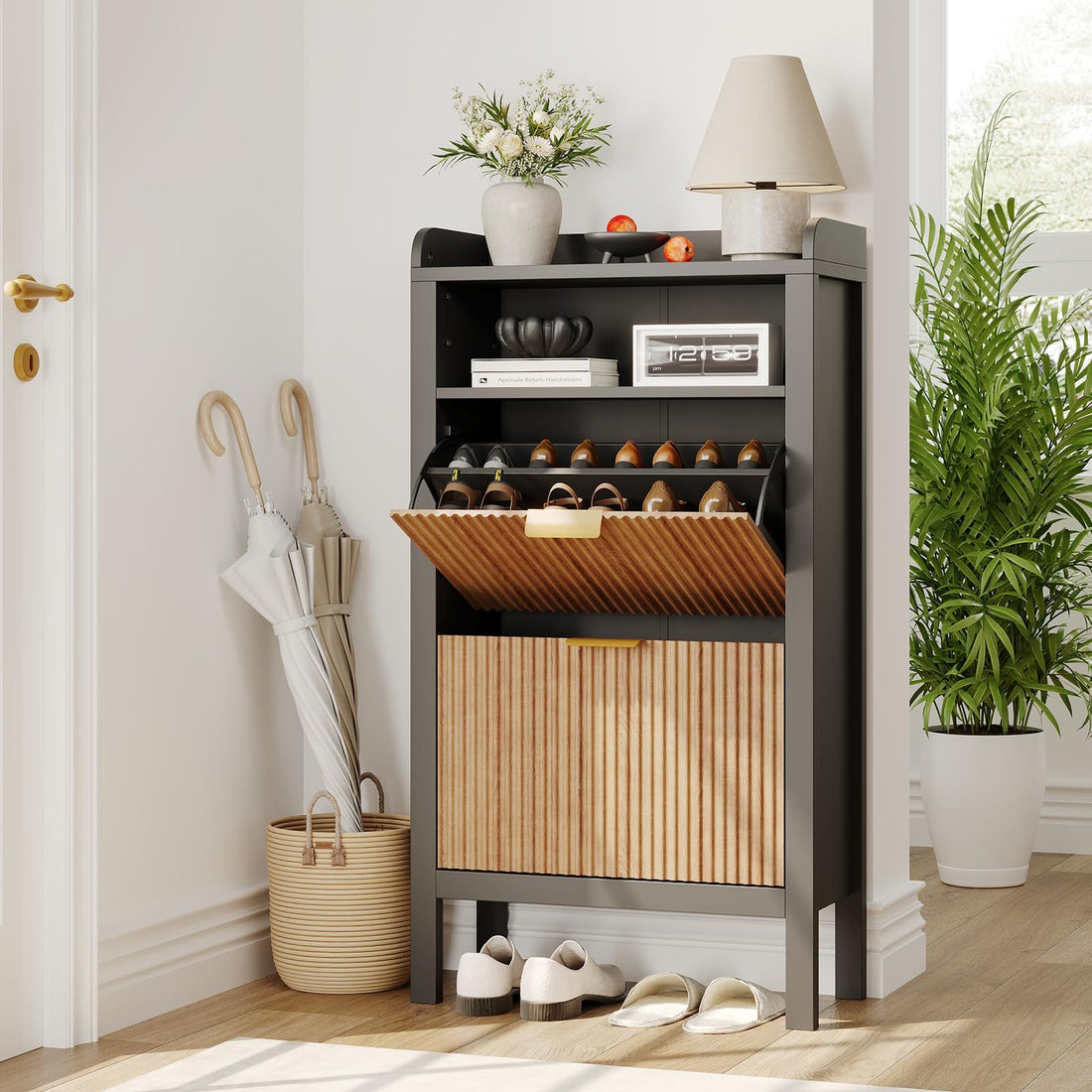 Meuble à chaussures Garvee avec 2 tiroirs abattants, design cannelé, MDF et métal, pour entrée et salon, grand format, blanc