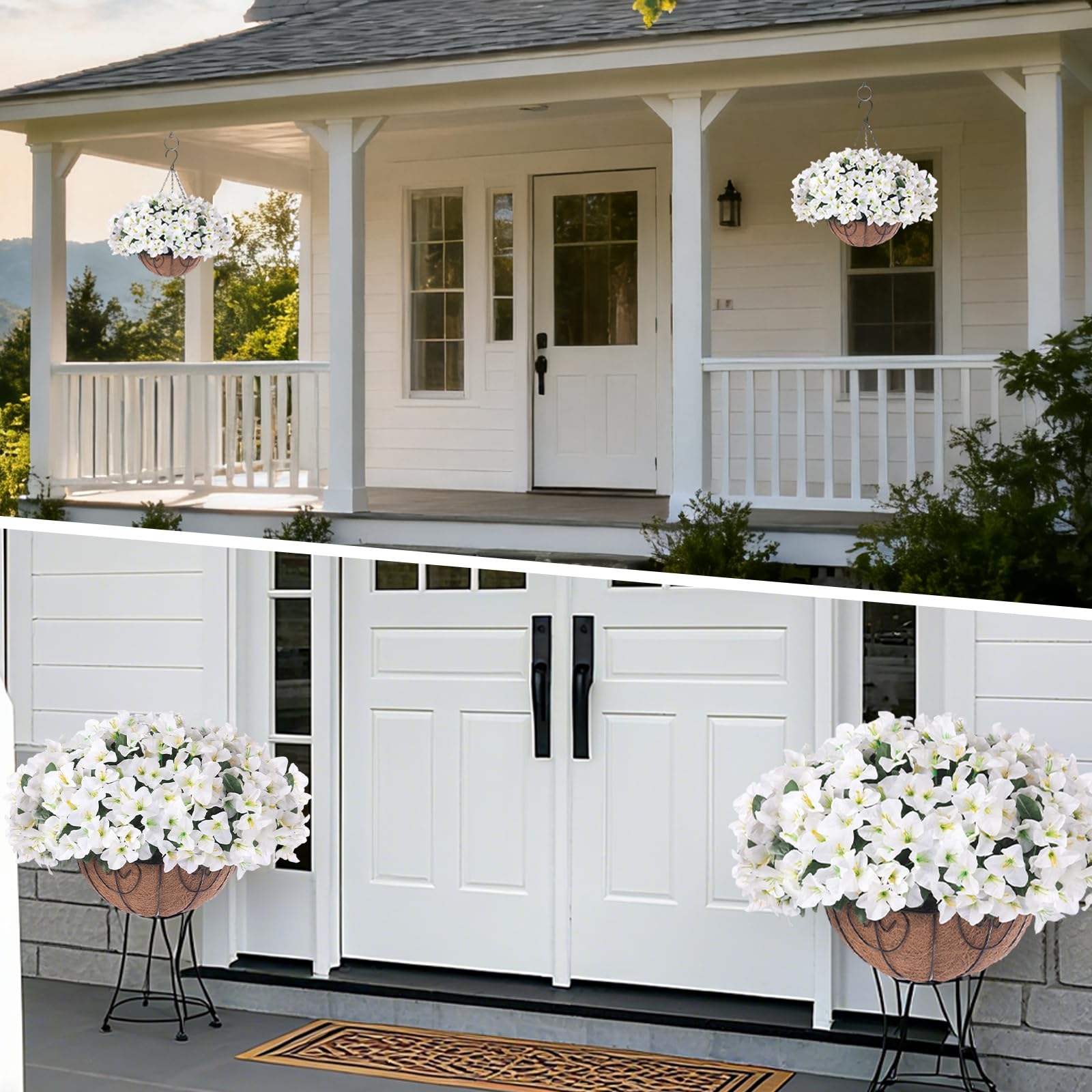 Ensemble de 12 bougainvillées artificielles Garvee avec panier marron pour jardin et terrasse, résistantes aux UV et aux intempéries, blanches et vertes.