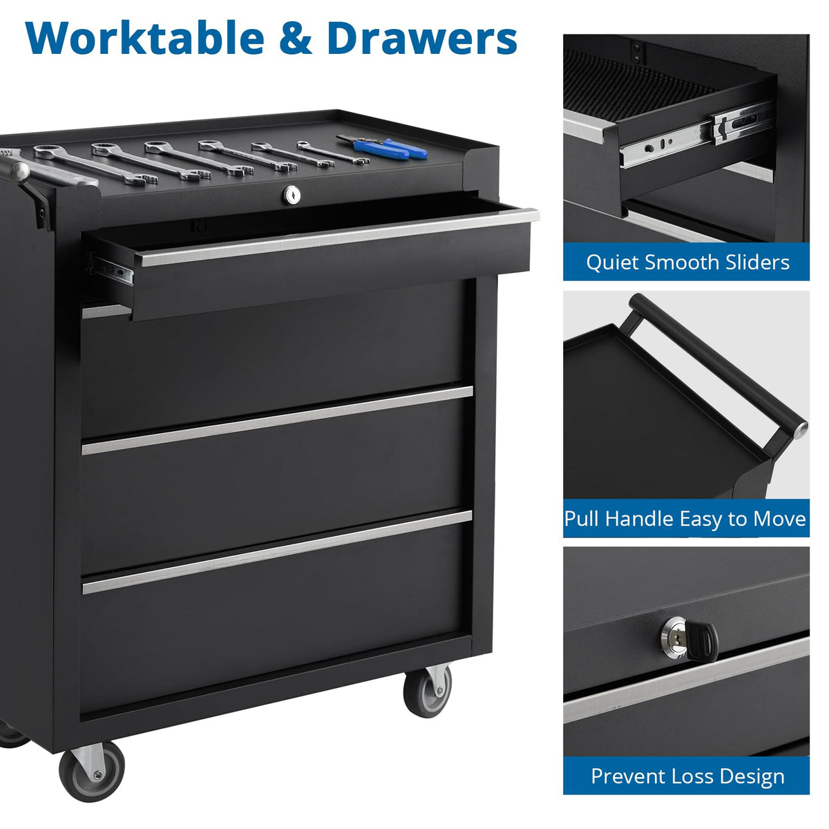 Garvee chariot à outils 6 tiroirs en acier noir, 64 × 62 × 33 cm, avec roulettes et serrure