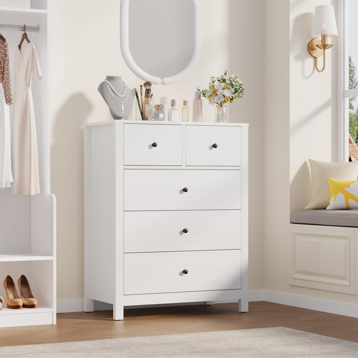 Garvee commode noire à 5 tiroirs pour chambre, chambre d'enfant et couloir, 40 cm (P) × 74 cm (L) × 94 cm (H), moderne