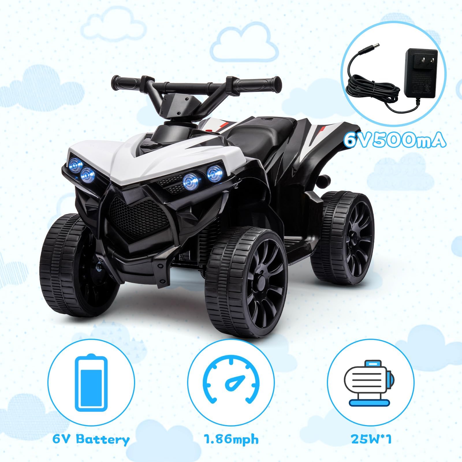 Garvee Quad électrique 6 V pour enfant avec LED, musique et conduite sécurisée, blanc, dès 3 ans