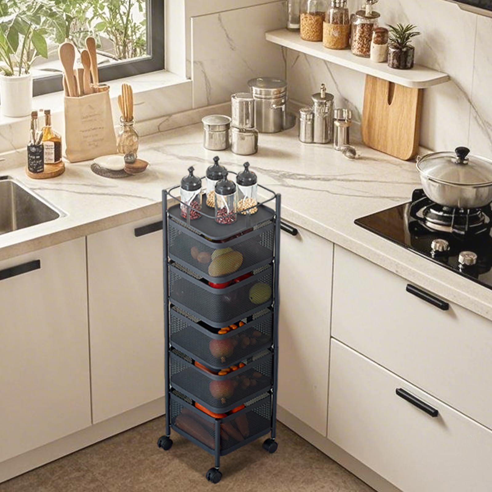 Chariot de rangement de cuisine Garvee avec panier à fruits rotatif à 5 niveaux, structure robuste en acier, roulettes avec freins, pour la cuisine et le garde-manger, noir
