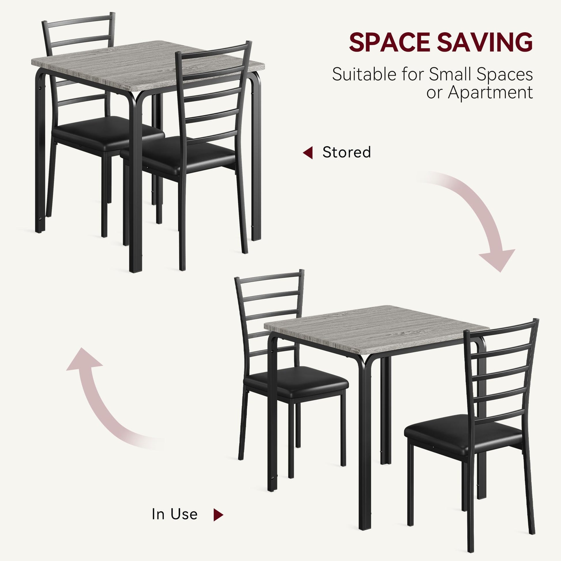 Ensemble de salle à manger Garvee 3 pièces avec 2 chaises rembourrées, idéal pour les petits espaces, la cuisine et le bureau. Table de cuisine carrée en chêne, robuste et peu encombrante.