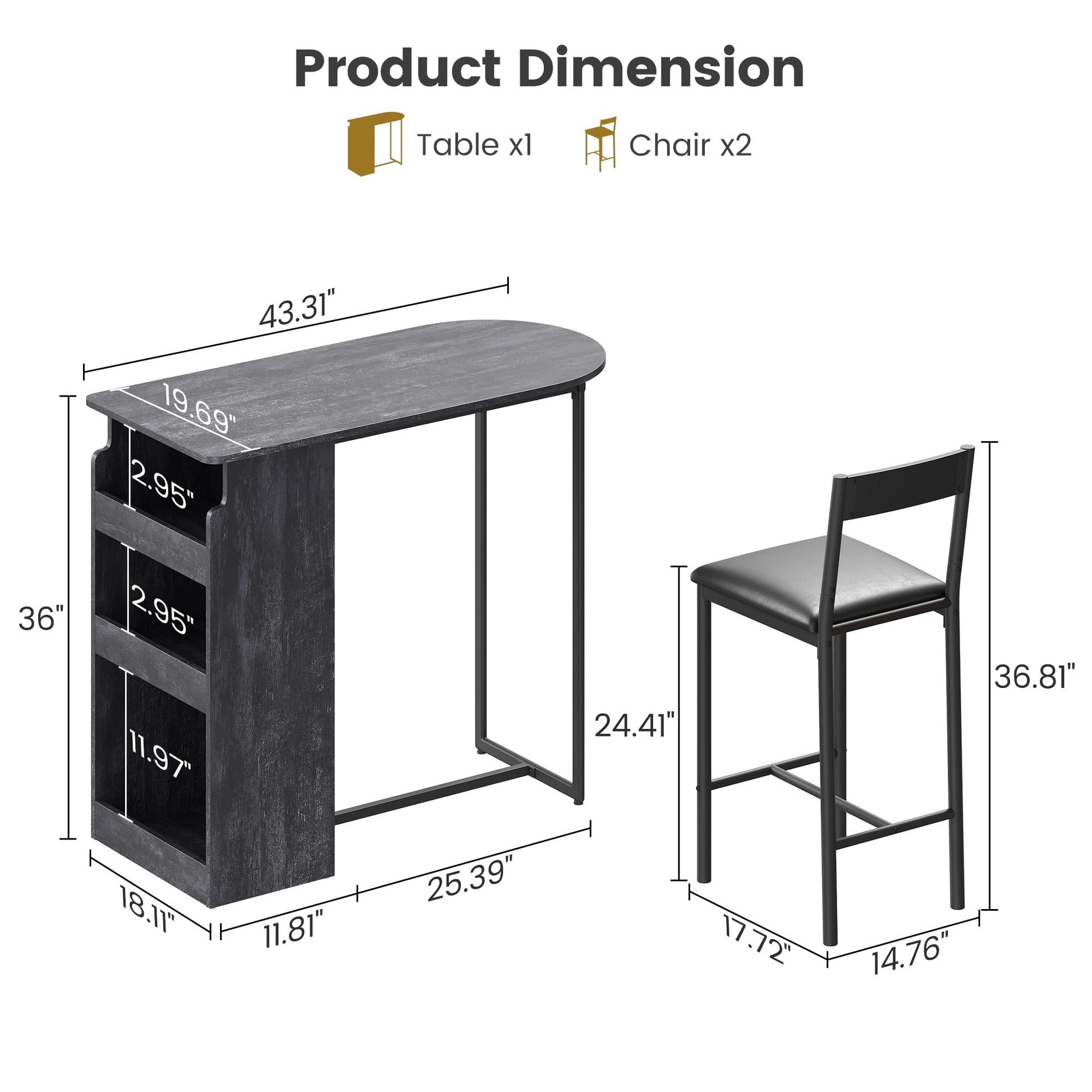 Ensemble table et chaises de bar Garvee avec plateau semi-circulaire rétro, rangement à 3 niveaux, tabourets recouverts de cuir pour la cuisine et le bureau, moderne et peu encombrant