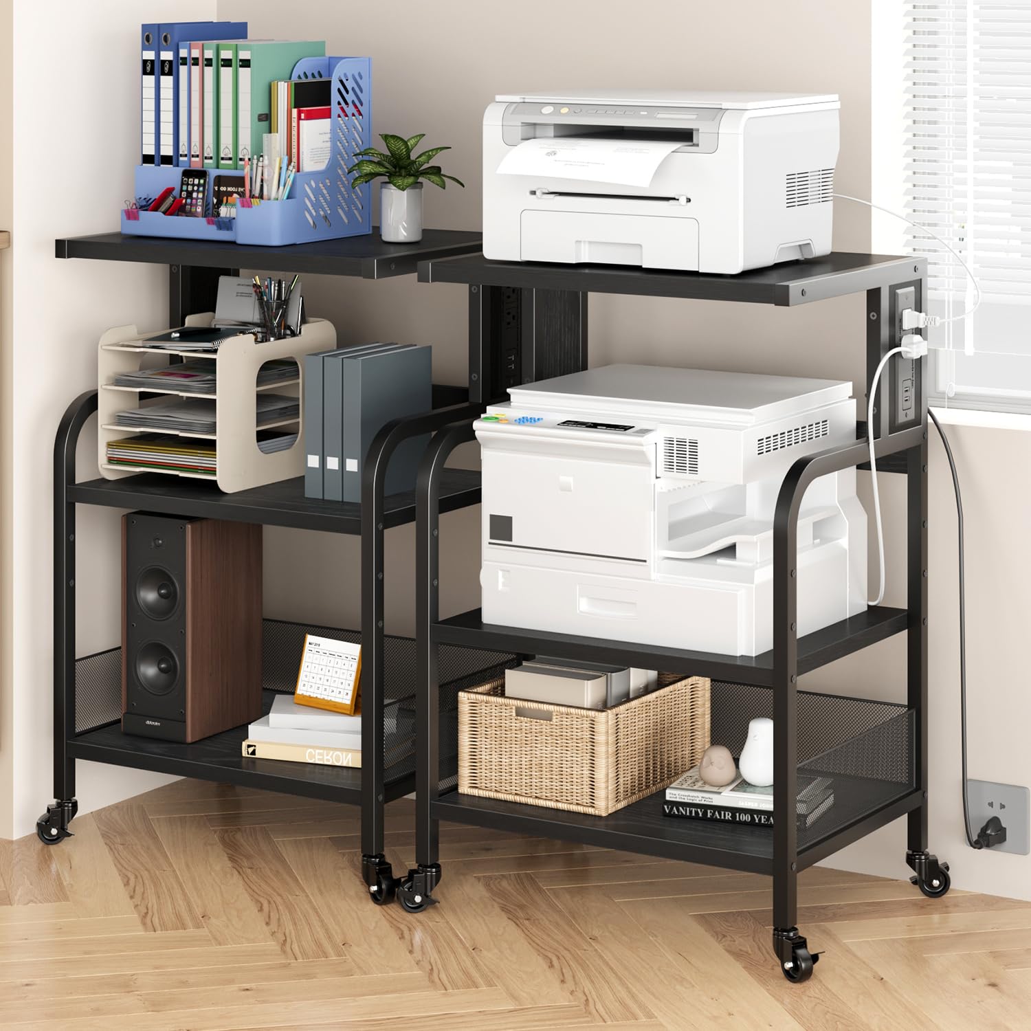 Garvee support pour imprimante mobile grand format avec 2 ports secteur et 2 ports usb, réglable sur 3 niveaux, en métal et MDF, 4 roues avec freins, étanche, pour le bureau et la maison, 52 × 40 × 80 cm