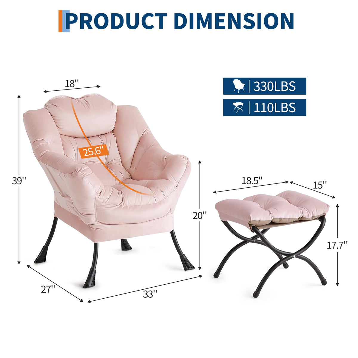 Fauteuil relax Garvee avec repose-pieds, rose, ergonomique et stable, pour salon et bureau, en peluche, pliable