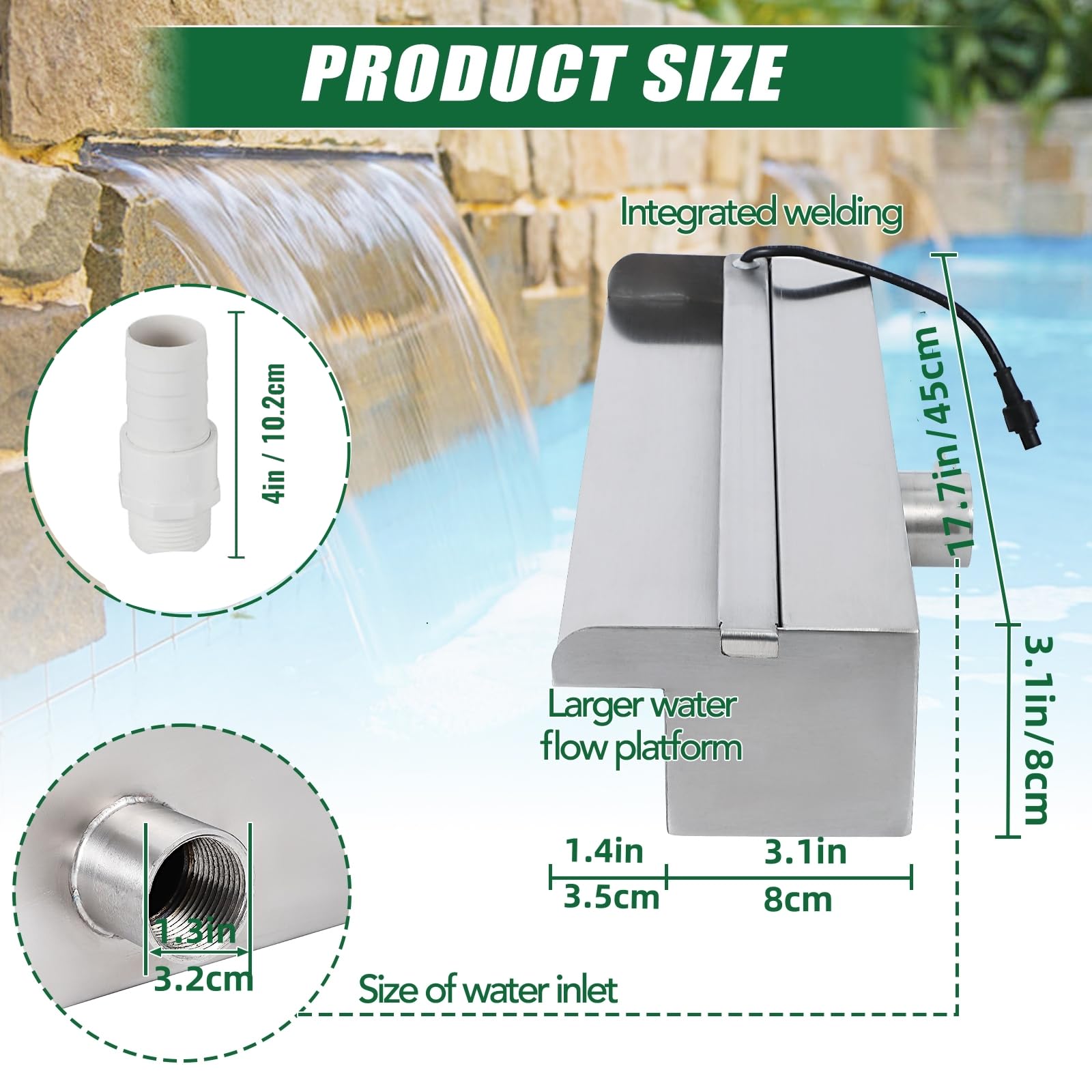 Fontaine de piscine en acier inoxydable Garvee, cascade, déversoir, 45 x 11 x 8 cm, antirouille, pour jardin et piscine