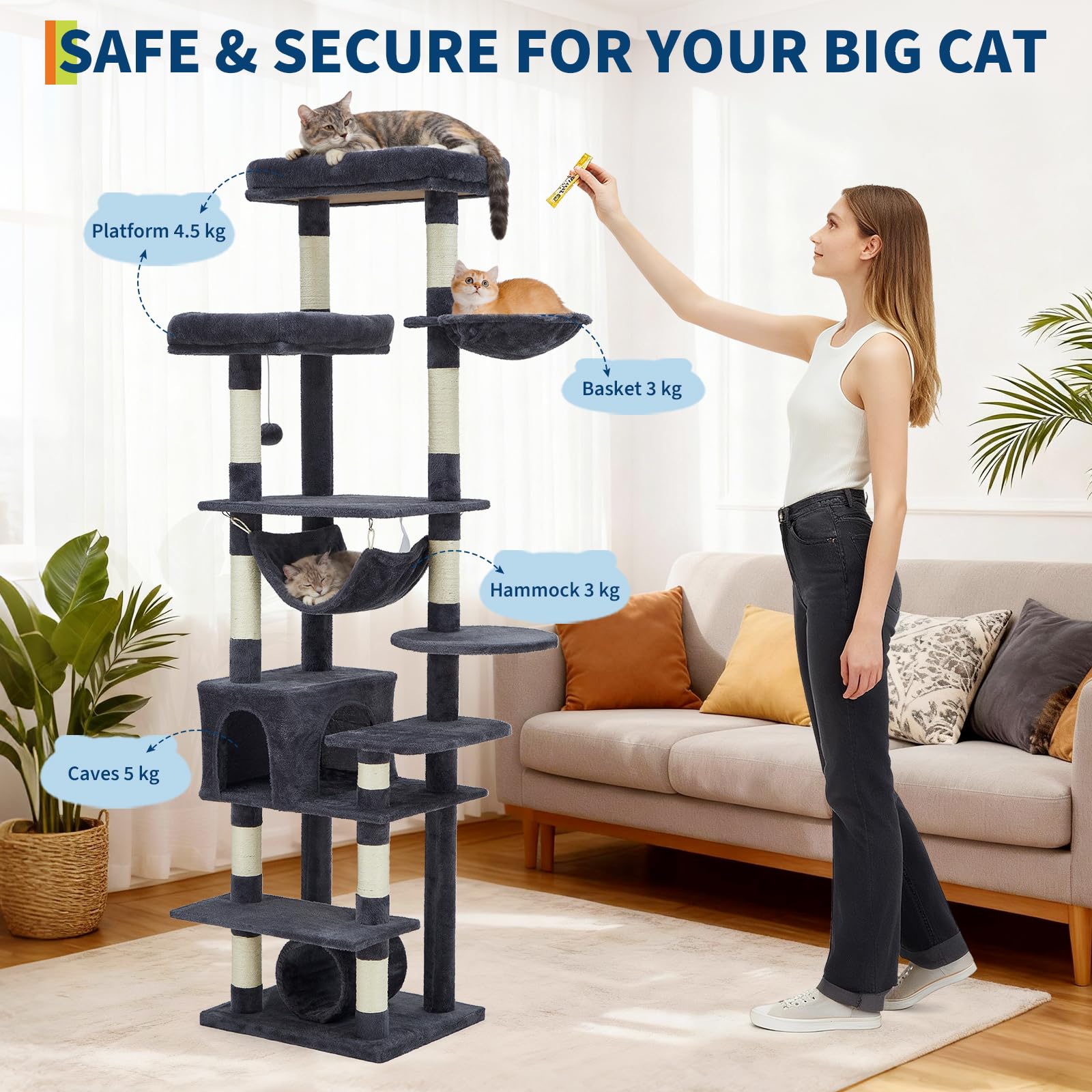 Arbre à chat Garvee pour grands chats, 188 cm, avec 11 poteaux à griffer, hamac, structure en bois robuste, mobilier d'intérieur pour chat de salon