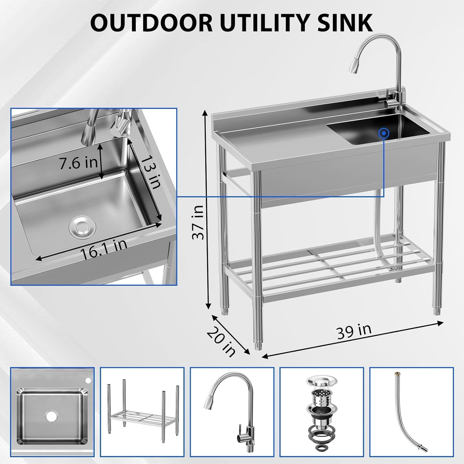 Garvee Évier Professionnel sur Pied en Inox 99 x 50 x 96 cm avec Robinet Extractible et Étagère, pour Cuisine Commerciale et Extérieur, Argenté
