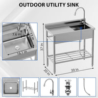 Garvee Évier Professionnel sur Pied en Inox 99 x 50 x 96 cm avec Robinet Extractible et Étagère, pour Cuisine Commerciale et Extérieur, Argenté