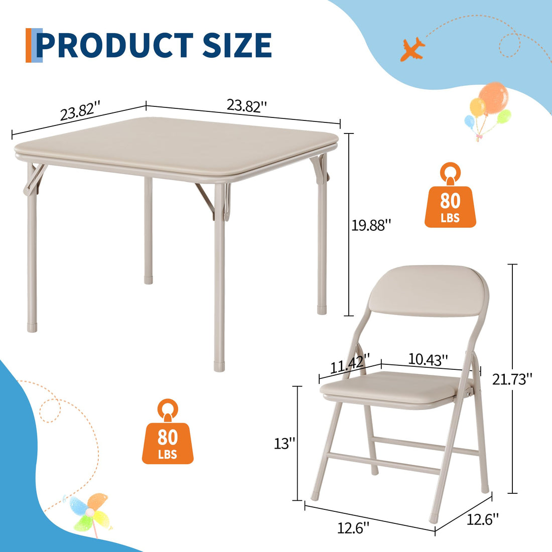 Garvee Ensemble table et chaises enfants 3 pièces pliables, métal et cuir PU beige, format carré pour intérieur et extérieur