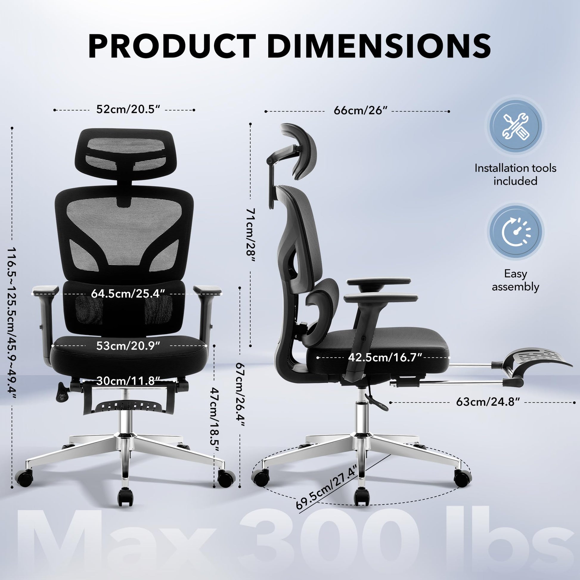 Chaise de bureau ergonomique Garvee en maille avec repose-pieds et soutien lombaire réglables, idéale pour le bureau et le gaming. Structure en métal, noire, réglable.