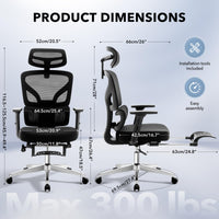 Chaise de bureau ergonomique Garvee en maille avec repose-pieds et soutien lombaire réglables, idéale pour le bureau et le gaming. Structure en métal, noire, réglable.