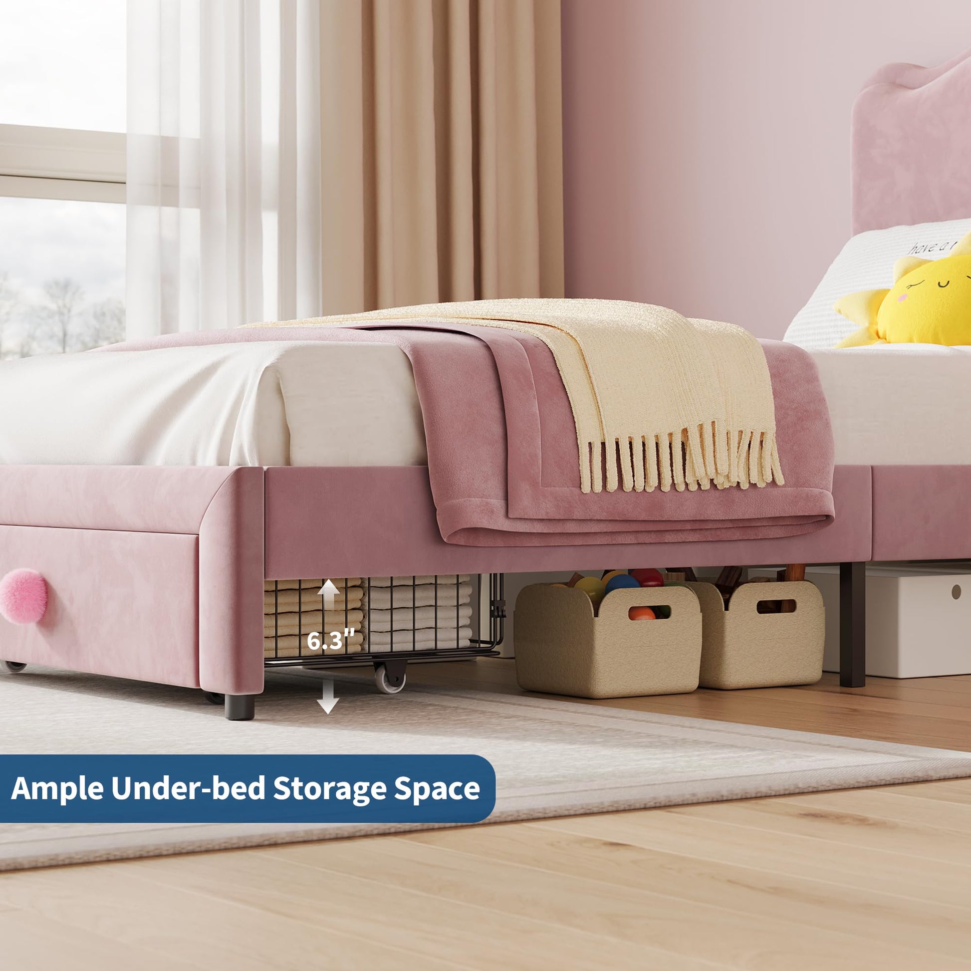 Cadre de lit Garvee pour lit simple capitonné avec rangement et tête de lit coquillage pour chambre d'enfant, rose, tiroir de 65 x 43 cm, espace sous le lit de 16 cm