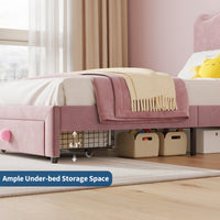 Cadre de lit Garvee pour lit simple capitonné avec rangement et tête de lit coquillage pour chambre d'enfant, rose, tiroir de 65 x 43 cm, espace sous le lit de 16 cm
