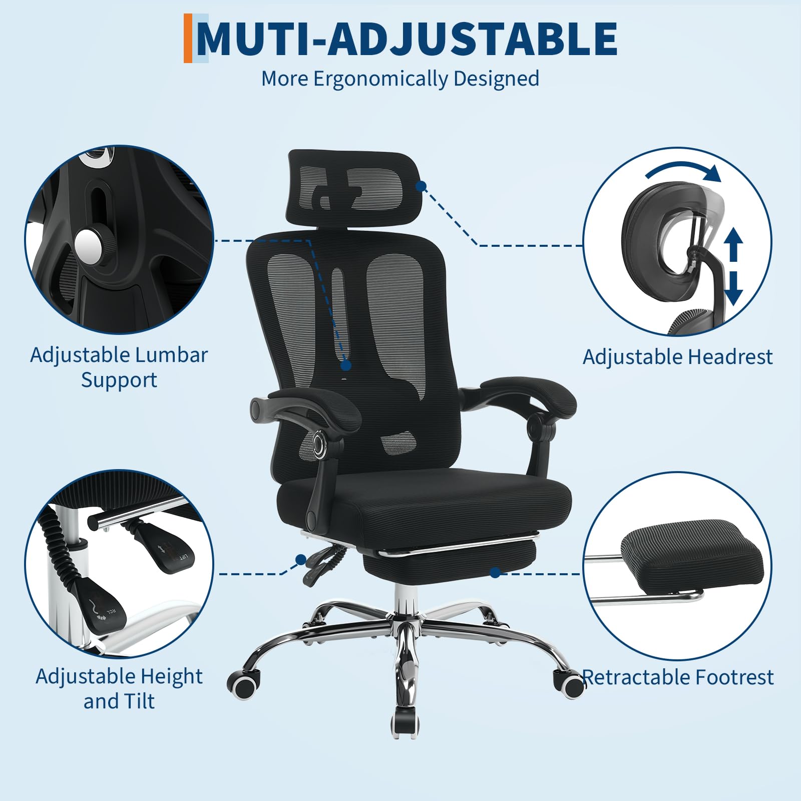 Chaise de bureau ergonomique Garvee en maille avec dossier haut, appui-tête réglable, repose-pieds, hauteur réglable, respirante, roulettes, noire