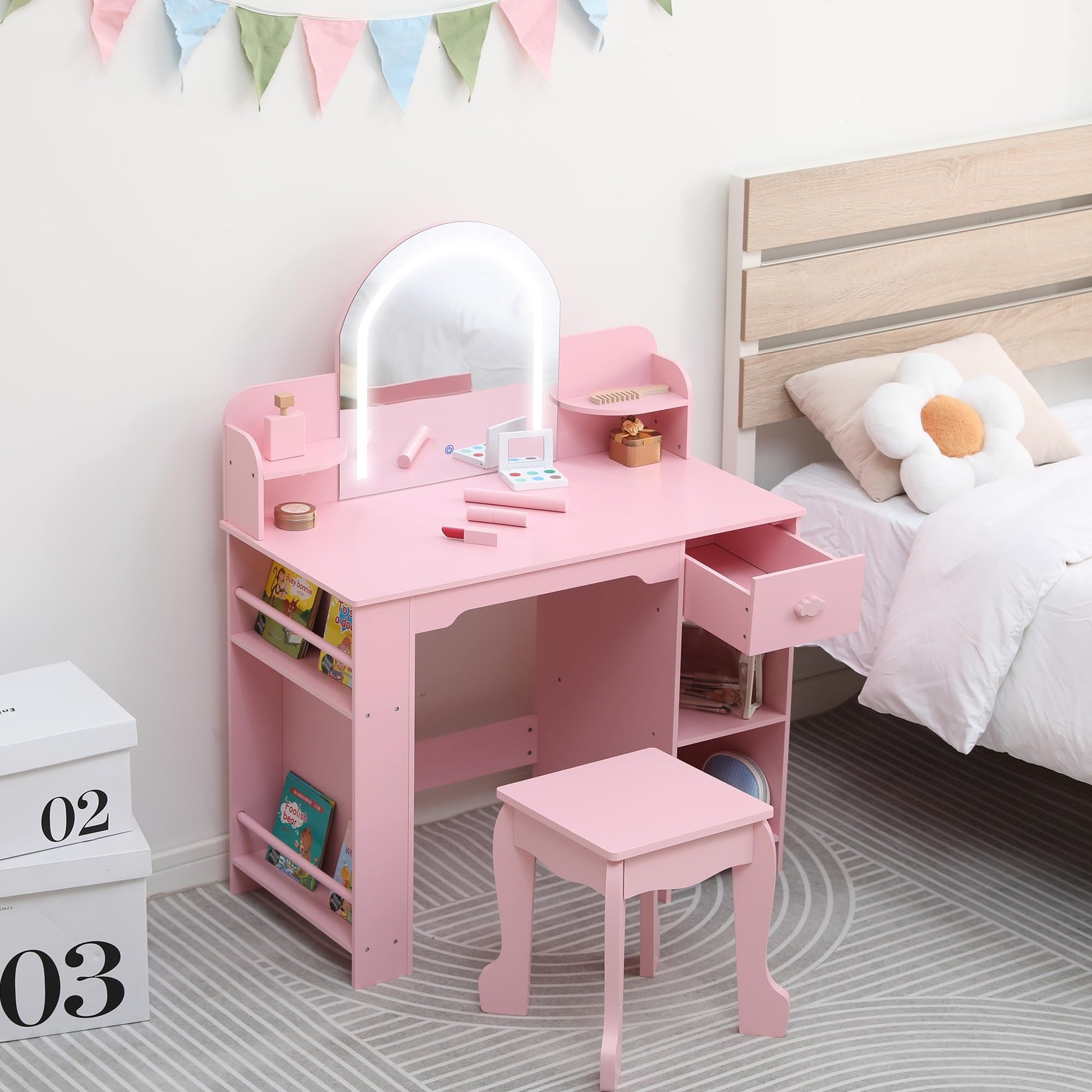 Coiffeuse Garvee pour enfants avec miroir lumineux, meuble-lavabo et tabouret 2 en 1, MDF, éclairage LED, espace de rangement, pour filles de 3 à 9 ans, chambre et salle de jeux