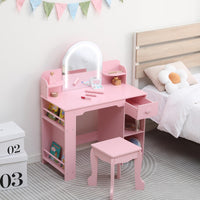 Coiffeuse Garvee pour enfants avec miroir lumineux, meuble-lavabo et tabouret 2 en 1, MDF, éclairage LED, espace de rangement, pour filles de 3 à 9 ans, chambre et salle de jeux